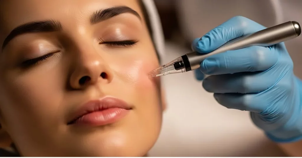 Medical professional performing microneedling potentially paired with PRF or serum infusion on a client's face for enhanced skin rejuvenation.