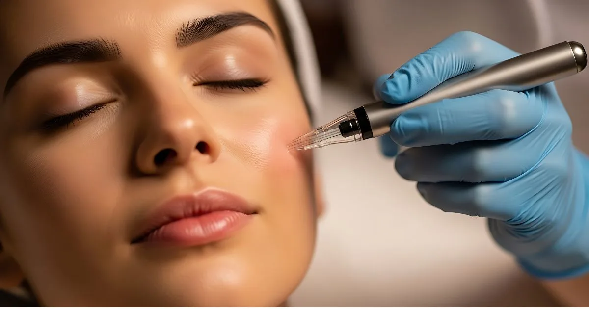 Medical professional performing microneedling potentially paired with PRF or serum infusion on a client's face for enhanced skin rejuvenation.